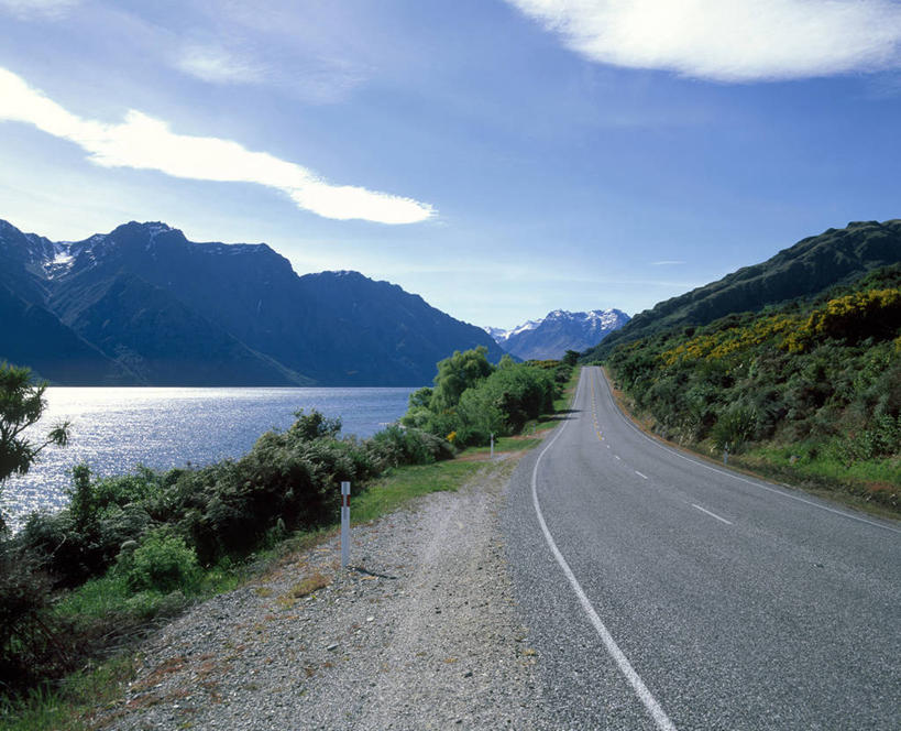 无人,横图,室外,白天,消失点,湖,山,高速公路,路,地形,南,图像,风景,自然,摄影,自驾游,大洋洲,澳大拉西亚,西兰岛,彩图,旅行