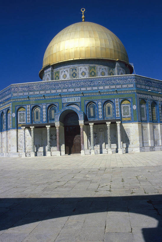 无人,寺庙,竖图,室外,建筑,以色列,中间,柱子,拱门,首都,图像,传统,黄金,蓝色,天空,摄影,宗教,伊斯兰教,圆顶建筑,宗教建筑,都市风光,清真寺,耶路撒冷,岩石,彩图,旅行