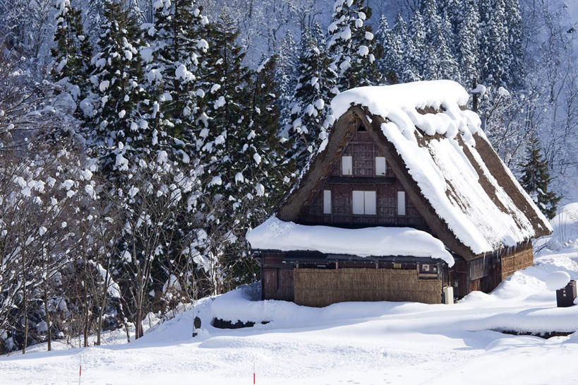 家,白天,美景,雪,建筑,亚洲,房屋,屋顶,屋子,草屋,景观,冬天,顶棚,住宅,自然,茅草屋,景色,建造,自然风光,彩图,房子,茅舍,茅屋,小屋