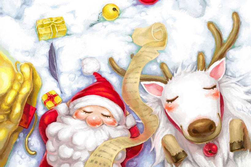 躺,横图,插画,数码,科技,雪,礼物,圣诞节,圣诞老人,阴影,节日,网络,包,冬天,高光,几何,计算机图形,合成,图画,画,休息,鹅毛笔,电脑合成图,数码合成图,合成图,清单,漫画,写实,具体,具象,驯鹿,闭着眼睛,彩图