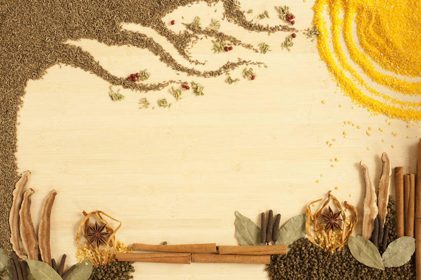 无人,横图,特写,留白,静物,许多,香料,食品,很多,饮食,壁画,彩图