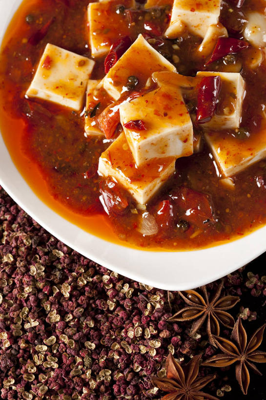 豆腐,无人,竖图,俯视,特写,辣椒,静物,中国,亚洲,黑色背景,美味,食品,传统,麻婆豆腐,饮食,盘子,摄影,膳食,中国文化,东亚,主菜,四川菜,彩图,高角度拍摄,传统文化,麻椒,成分