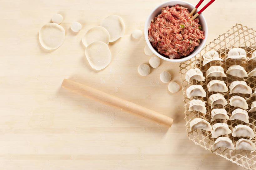 无人,横图,静物,准备,擀面杖,食品,饺子,案板,主食,饮食,摄影,中国文化,彩图,牛肉末,小麦面粉