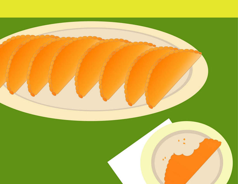 无人,横图,插画,室内,白天,正面,数码,科技,餐具,一排,绿色背景,阴影,整齐,网络,碟子,盘,食品,面点,高光,几何,计算机图形,合成,图画,画,食物,糕点,排列,黄色,盘子,碟,电脑合成图,数码合成图,合成图,队列,漫画,卷饼,写实,具体,具象,肉卷,墨西哥卷饼,肉馅卷饼,彩图