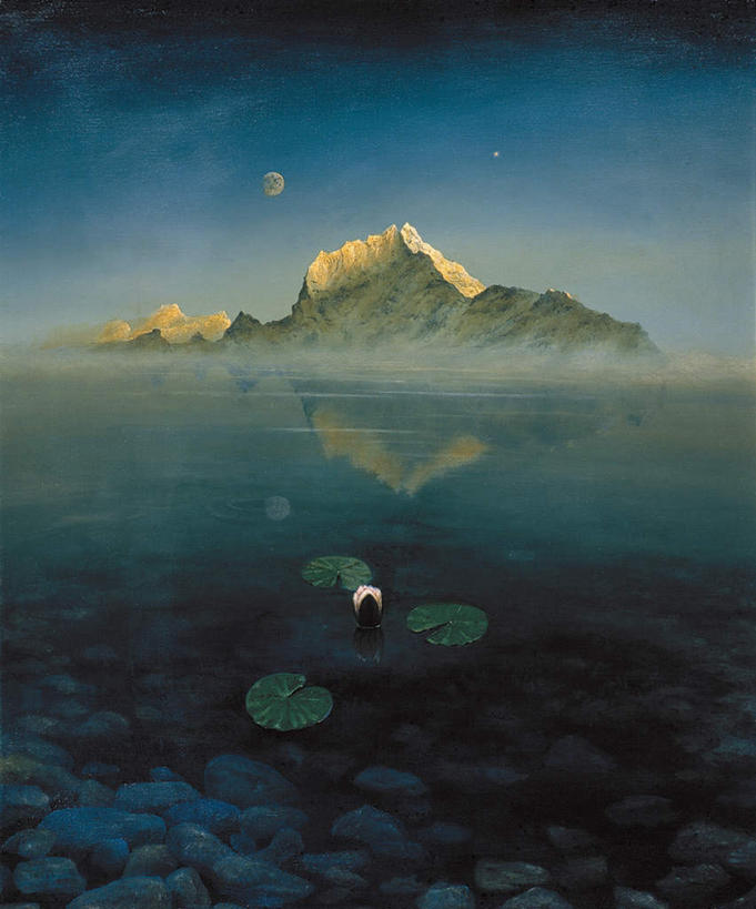 无人,竖图,室内,白天,夜晚,正面,绘画,纯洁,河流,石头,山,山脉,水,星空,雾,夜景,莲花,叶子,油画,朦胧,模糊,艺术,石子,河水,山顶,山峰,水流,月亮,荷叶,山峦,月光,古典,文化,倒影,工艺品,群山,品味,明亮,美术,迷雾,倒映,高雅,富贵,神圣,纯净,沉积岩,美学,莲叶,皎洁,六月花神,正直,颠峰,极峰,反照,水成岩,荷花,六月春,藕花,水芙蓉,叶,叶片,石块,岩石,大雾,星夜,夜空,彩图