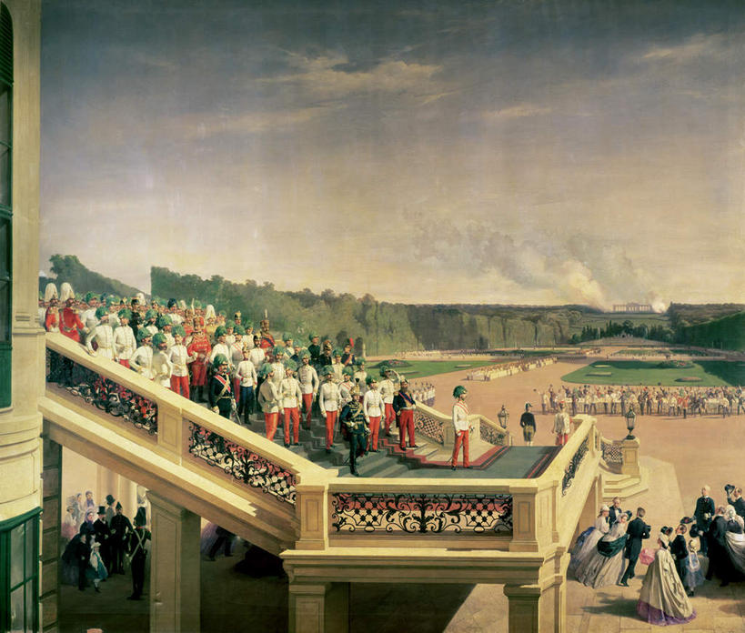 西方人,无人,宫殿,栏杆,站,走,横图,室内,白天,正面,制服,绘画,草地,草坪,植物,楼梯,油画,欧洲,欧洲人,一排,服装,艺术,整齐,扶手,阶梯,墙,云,云朵,许多人,古典,云彩,注视,文化,护栏,墙壁,墙面,台阶,草,排列,衣服,蓝色,绿色,白云,蓝天,天空,工艺品,天,观察,看,品味,站着,一群人,服饰,晴朗,观看,军人,美术,察看,军装,高雅,衣着,穿着,队列,关注,军服,部队,军队,美学,衣饰,男人,男性,年轻男性,年轻女性,女人,女性,白种人,晴空,步行,散步,站立,走路,彩图,全身,传统服装,戎行