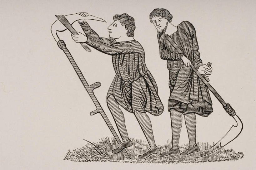 西方人,无人,两个人,农田,站,举,横图,黑白,室内,白天,正面,民族服装,绘画,庄稼,农作物,金属制品,欧洲,欧洲人,握,服装,艺术,金属,工具,古典,拿,拿着,注视,文化,衣服,工艺品,观察,看,品味,托,站着,握着,服饰,观看,美术,挖掘,察看,锄,锄头,高雅,衣着,穿着,关注,镰刀,农具,佣人,美学,耕具,仆人,衣饰,开掘,家丁,仆役,西崽,发掘,开垦,男人,男性,中年男性,白种人,举起,举手,举着,向上举,向上伸,向上托,站立,全身,传统服装,民俗服,耕地,庄稼田