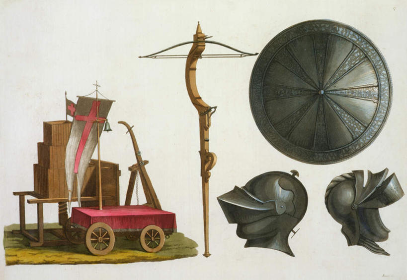 无人,横图,室内,白天,白色背景,正面,绘画,旗帜,帽子,两顶,一辆,艺术,弓箭,头盔,古典,文化,旗子,一个,安全帽,工艺品,品味,武器,战争,盾牌,盾,单个,坚硬,美术,高雅,矛盾,兵器,防御,战车,美学,旌旗,旗号,坚固,彩图