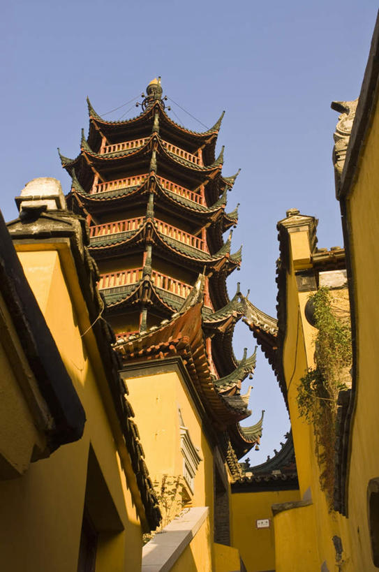 无人,寺庙,栏杆,露台,竖图,室外,白天,仰视,旅游,度假,名胜古迹,植物,阳台,标志建筑,地标,建筑,中国,亚洲,阴影,遗迹,光线,影子,墙,围栏,走道,走廊,塔,过道,常春藤,爬山虎,草药,古迹,文物,娱乐,建设,古建筑,江苏,宝塔,护栏,中药,墙壁,墙面,蓝色,蓝天,天空,阳光,庙宇,天,享受,休闲,旅游胜地,放松,晴朗,药材,中草药,爬墙虎,古文明,东亚,江苏省,中药材,本草,万里无云,地锦,趴山虎,巴山虎,中华人民共和国,华东地区,苏,镇江,镇江市,金山寺,浮图,浮屠,晴空,晴空万里,彩图,低角度拍摄,露天阳台,庙,寺,常青藤
