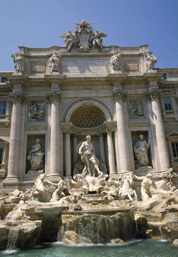 无人,竖图,室外,白天,仰视,旅游,度假,标志建筑,地标,建筑,喷泉,雕塑,意大利,欧洲,罗马,一排,阴影,艺术,整齐,装饰,光线,雕刻,雕像,影子,柱子,景观,首都,文化,娱乐,建设,排列,蓝色,蓝天,天空,阳光,工艺品,天,品味,享受,休闲,旅游胜地,放松,晴朗,纪念,美术,队列,南欧,主题,水景,陈列,万里无云,意大利共和国,许愿池,特莱维喷泉,少女喷泉,许愿泉,功能,美学,美观,设计,晴空,晴空万里,彩图,低角度拍摄