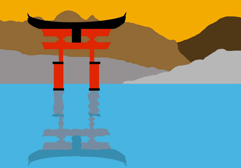 无人,横图,插画,室内,白天,正面,数码,科技,湖,湖泊,石头,山,山脉,水,门,广岛县,日本,亚洲,阴影,波纹,光线,网络,石子,影子,湖面,山峰,水流,水面,涟漪,山峦,高光,几何,计算机图形,合成,图画,画,红色,倒影,水纹,门框,波浪,湖水,群山,电脑合成图,数码合成图,倒映,神殿,漫画,东亚,本州,严岛神社,宫岛,本州岛,日本国,広岛,水晕,中国地方,写实,具体,具象,反照,严岛,石块,岩石,彩图