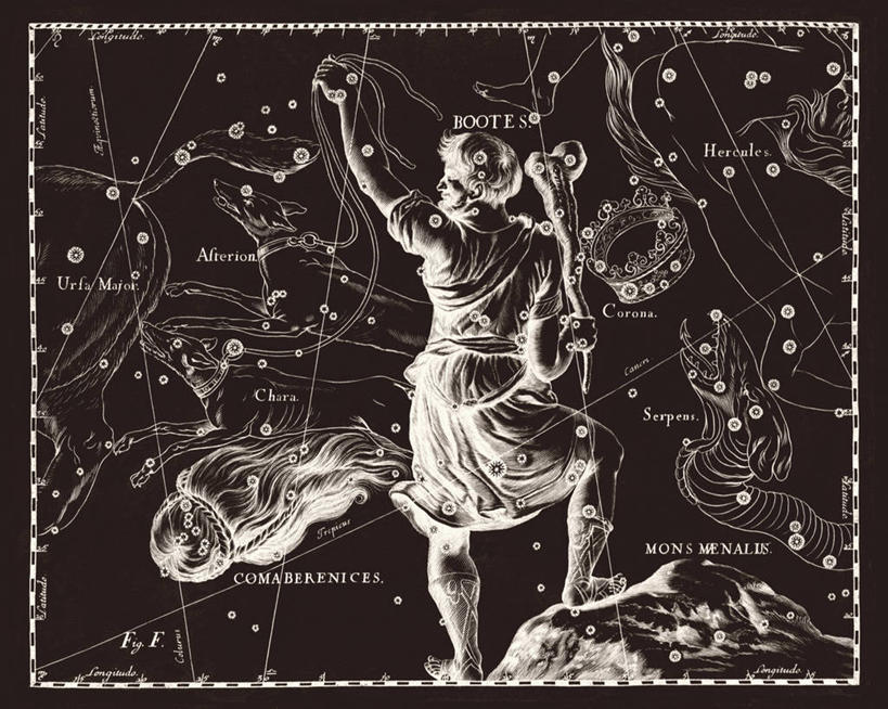 无人,横图,黑白,地图,科学,星星,摄影,星座,手艺,天文学,牧夫座,拉丁文,雕刻术,北冕座