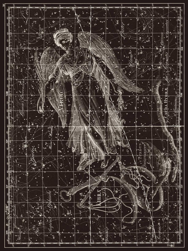 无人,横图,竖图,黑白,地图,科学,星星,摄影,星座,手艺,天文学,室女座,天秤座,拉丁文,雕刻术