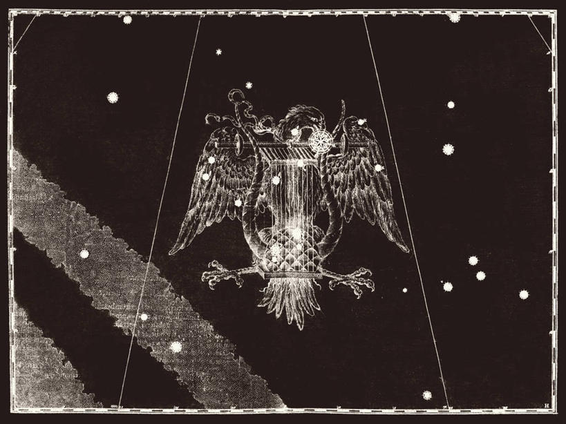 无人,横图,黑白,鹰,地图,科学,星星,摄影,星座,手艺,天文学,七弦琴,雕刻术