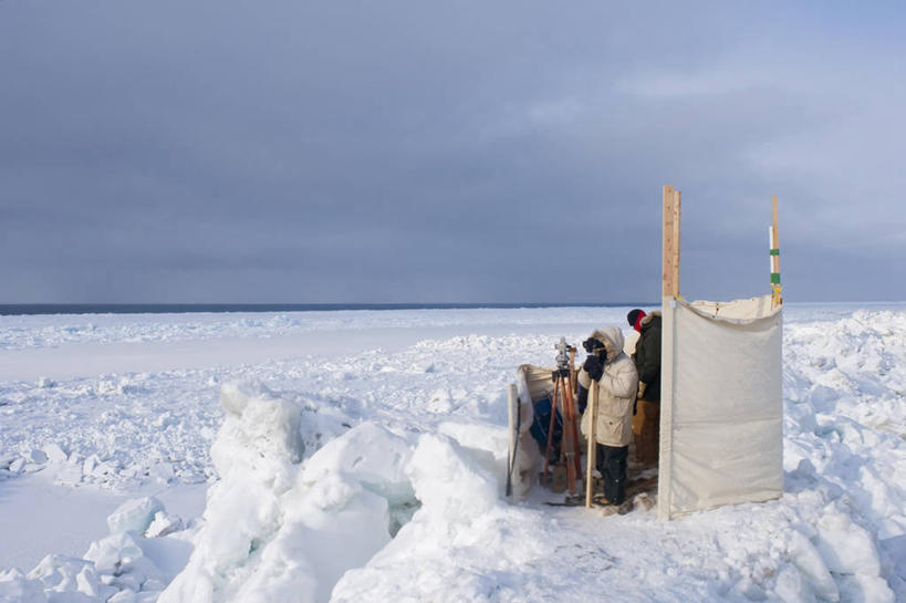 成年人,中年人,两个人,科学家,横图,建筑业,北极,全球变暖,美国,研究,科学,冰,设备,物品,浮冰,摄影,生物学,监视,北极露脊鲸,中年男性,彩图,冰架