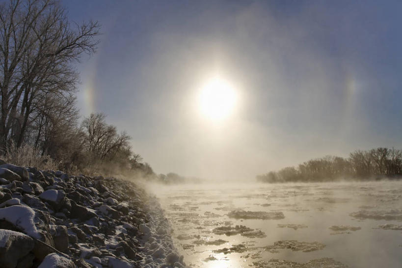 无人,横图,室外,白天,河流,太阳,雪,美国,折射,冬天,天气,摄影,地貌,密苏里河,气象学,彩图,爱荷华