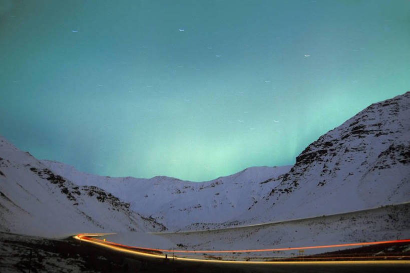 无人,横图,室外,夜晚,长时间曝光,北极,雪,美国,太空,地形,光,星星,绿色,天空,拖车,摄影,照亮,耀斑,布鲁克斯山脉,北极光,彩图,旅行,商用车