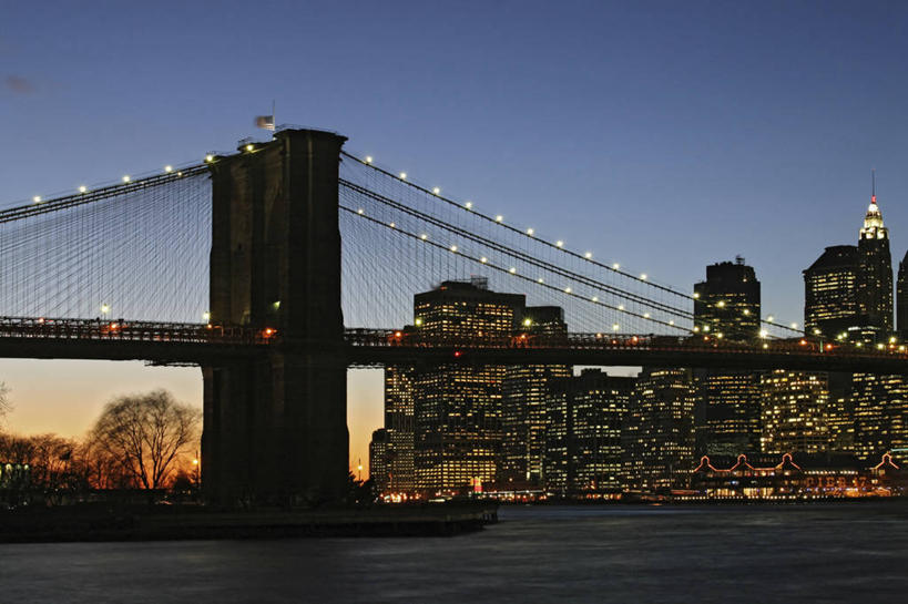 无人,横图,室外,夜晚,城市,建筑,摩天大楼,纽约,美国,摄影,吊桥,剪影,布鲁克林桥,彩图,旅行,东河