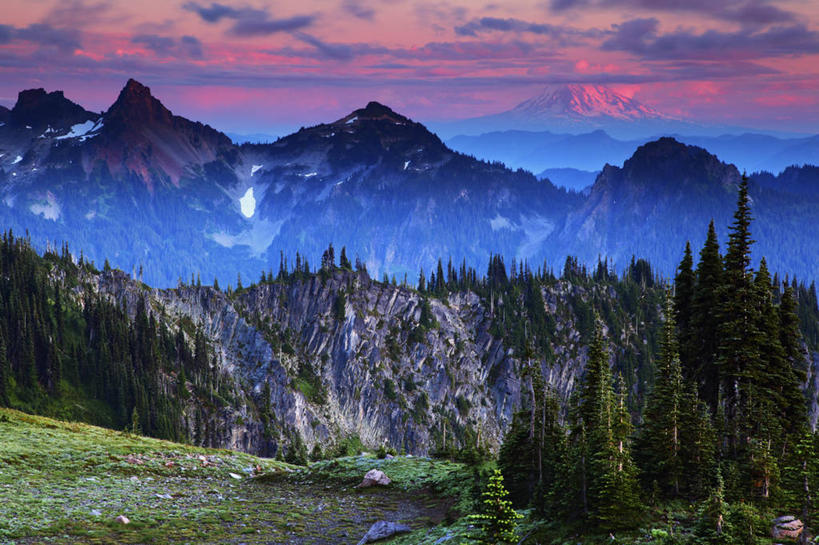 无人,公园,横图,室外,白天,火山,日落,山,山脉,华盛顿,美国,地形,云,摄影,北美,北美洲,国家公园,美洲,华盛顿州,雷尼尔山国家公园,瑞尼尔山国家公园,常绿之州,常青州,北亚美利加洲,亚美利加洲,地质学,彩图,旅行,皮尔斯县,高层云