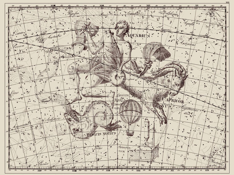 无人,横图,地图,艺术,科学,星星,摄影,星座,天文学,摩羯座,水瓶座,拉丁文,彩图,雕刻术