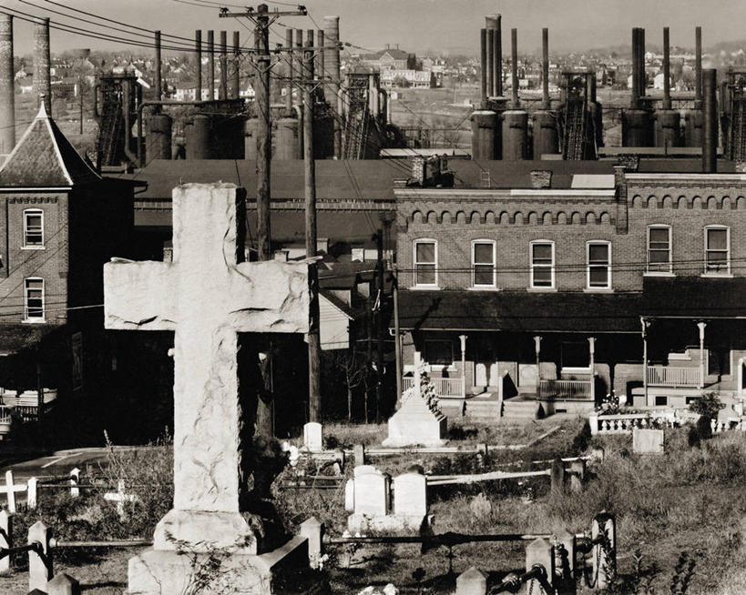 无人,工厂,横图,黑白,室外,白天,烟囱,美国,十字架,历史,墓地,工业,摄影,死亡,宾夕法尼亚,钢厂