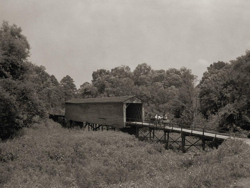 横图,黑白,室外,白天,留白,建筑,美国,推车,桥,运输,摄影,廊桥