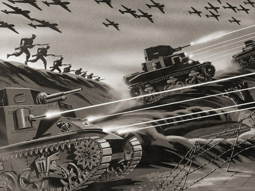 无人,横图,黑白,插画,数码,科技,飞机,火,阴影,网络,高光,几何,计算机图形,合成,图画,海报,画,炮,战争,电脑合成图,数码合成图,暴力,第二次世界大战,合成图,漫画,机关枪,坦克,安诺拉盖伊轰炸机,写实,具体,具象,步兵