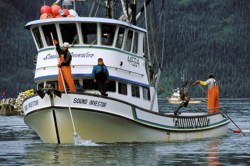 儿童,成年人,三个人,横图,室外,白天,渔业,水,船,美国,工作,食品,渔船,饮食,粉色,工业,摄影,瓦尔迪兹,男孩,年轻男性,年轻人,海产,彩图