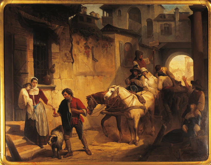 儿童,成年人,横图,插画,室外,夜晚,数码,科技,马,三只,阴影,分离,网络,大门,马车,高光,几何,计算机图形,合成,图画,画,摄影,电脑合成图,数码合成图,合成图,运送,漫画,意大利文化,18世纪,写实,具体,具象,黑死病,男孩,男人,女人,彩图