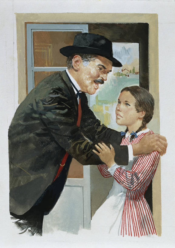 儿童,成年人,两个人,站,竖图,插画,白天,数码,科技,门,阴影,条纹,套装,网络,高光,几何,计算机图形,合成,图画,拿着,方向,画,面对面,指导,麻花辫,保护,支撑,电脑合成图,数码合成图,合成图,文学,漫画,意大利文化,写实,具体,具象,美术工艺,男人,女孩,半身,彩图,聋