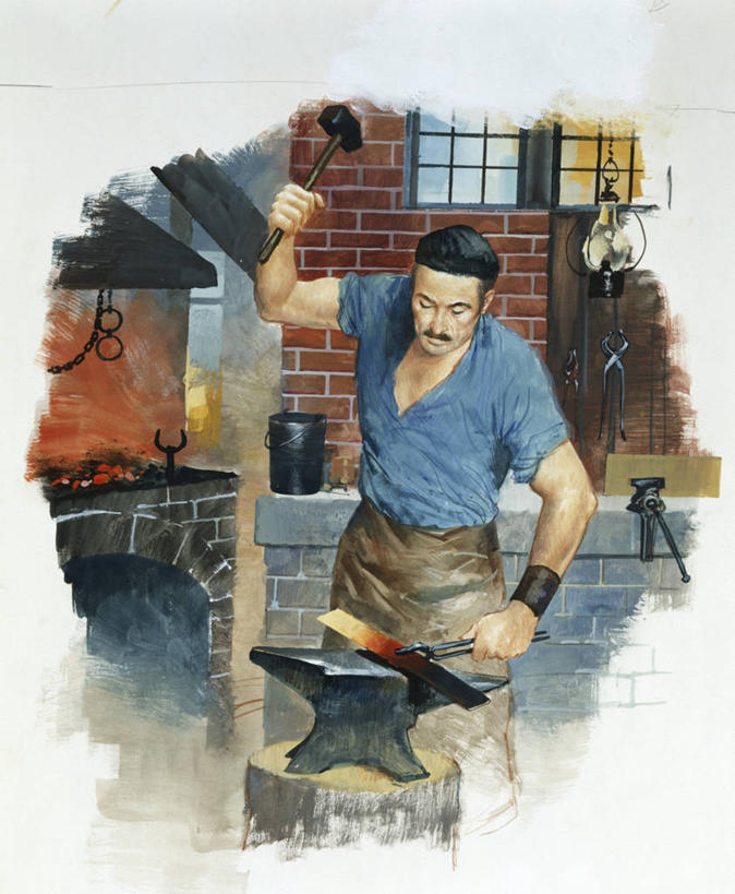 成年人,健壮,一个人,铁匠,站,举,竖图,方图,插画,室内,白天,数码,科技,仅一个男性,阴影,网络,锤子,高光,几何,计算机图形,合成,图画,拿着,砖墙,画,职业,电脑合成图,数码合成图,合成图,文学,漫画,意大利文化,砧骨,写实,具体,具象,小胡子,半身,彩图