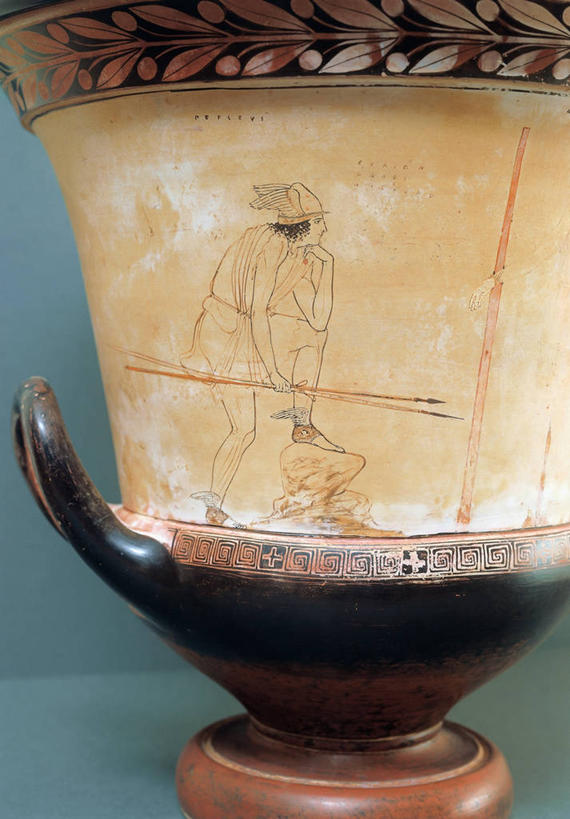 无人,站,竖图,特写,侧面,花瓶,撑,灰色背景,神话,标志,符号,托腮,历史,标识,一个,灰色,托,陶器,摄影,单个,考古学,托下巴,性别符号,古希腊,美术工艺,珀尔修斯,彩图,影棚拍摄,男性符号,过去