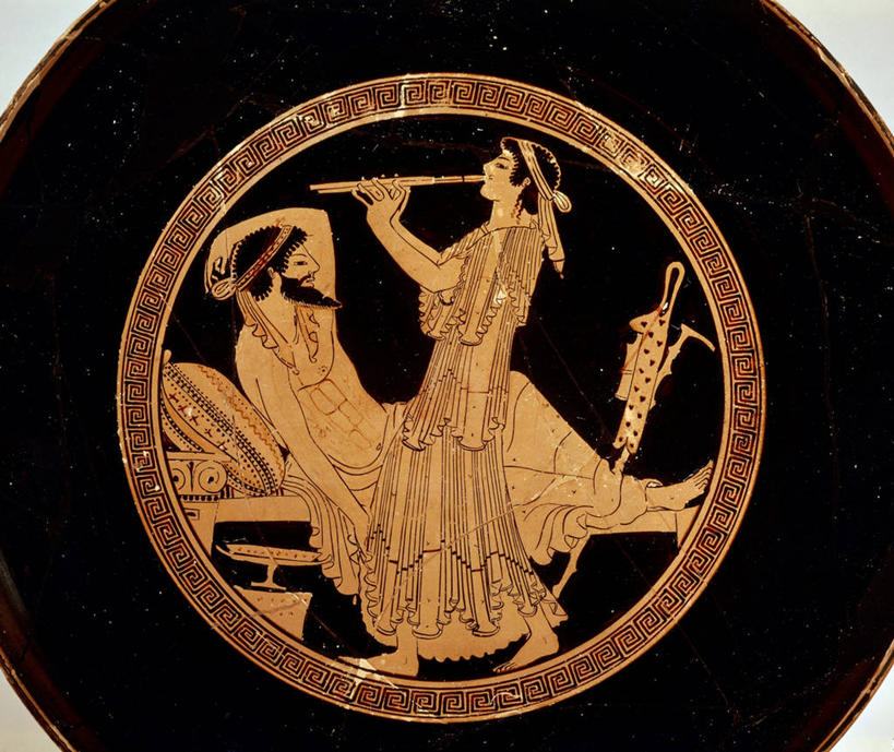 成年人,两个人,横图,室内,特写,意大利,表演,圆形,长袍,陶瓷制品,音乐,杯,一个,摄影,单个,长笛,希腊文化,音乐人,古希腊,古代文明,美术工艺,男人,女人,彩图