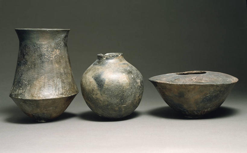 无人,横图,特写,静物,花瓶,灰色背景,陶瓷制品,锅,三个,灰色,碗,陶器,摄影,史前时代,彩图,影棚拍摄