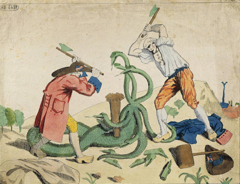 成年人,两个人,站,横图,插画,室外,白天,衬衫,旅游,度假,绘画,数码,科技,美景,山,野生动物,帽子,法国,对抗,阴影,生气,艺术,冲突,网络,蛇,工具,地形,景观,高光,几何,计算机图形,古典,合成,图画,拿着,历史,文化,娱乐,外套,画,自然,工艺品,品味,享受,休闲,景色,放松,击打,金融,愤怒,摄影,美术,电脑合成图,数码合成图,高雅,合成图,自然风光,切断,进攻,政治,漫画,18世纪,杀害,写实,具体,具象,美学,讽刺,勇气,革命,槌棒,美术工艺,危险,彩图,法国大革命,讽刺画,斧