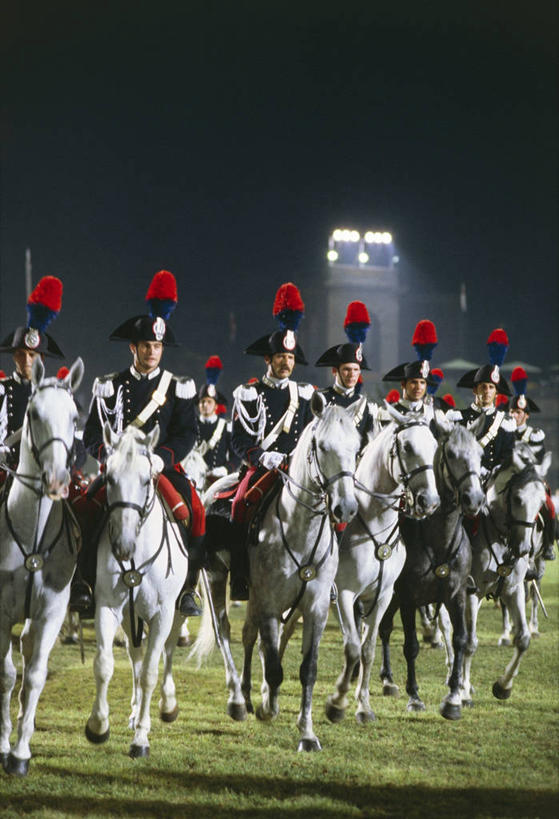 成年人,竖图,室外,夜晚,正面,制服,马,帽子,意大利,士兵,骑马,历史,体育场,家畜,摄影,照亮,军服,警官,意大利文化,队服,米兰,勇气,一致,彩图,传统服装,泛光照明