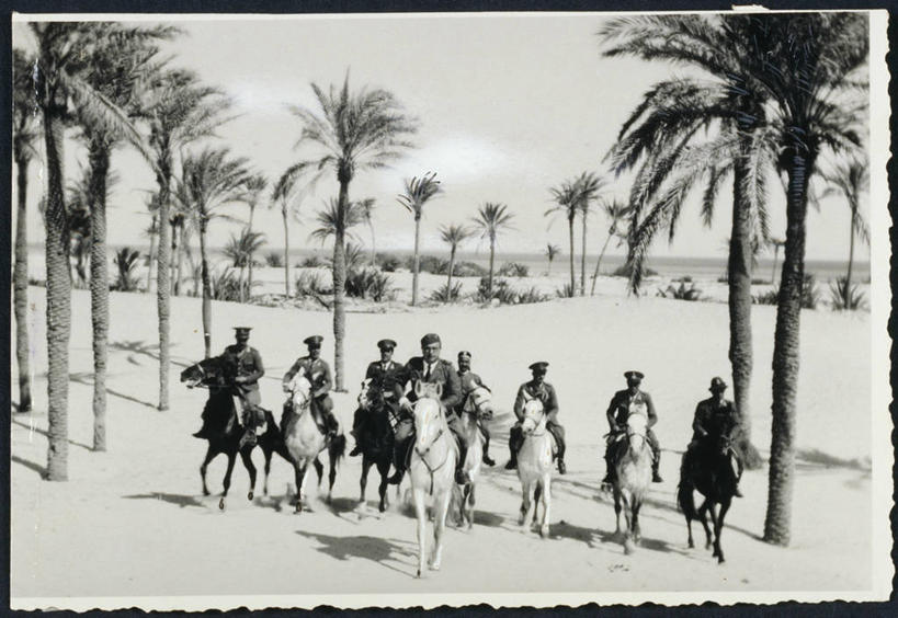 成年人,横图,黑白,室外,白天,正面,沙漠,棕榈树,马,利比亚,一排,士兵,骑马,整齐,军事,历史,排列,家畜,摄影,绿洲,队列,军服,合伙,意大利文化,男人,彩图,帝国,财会