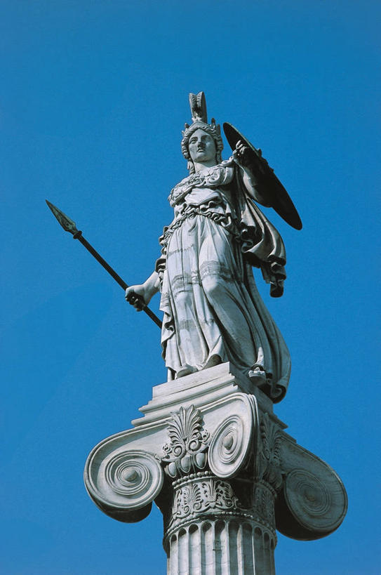 无人,竖图,室外,白天,仰视,建筑,雕塑,希腊,欧洲,神话,雕像,首都,图像,历史,武器,摄影,盾,女神,地中海文化,南欧,希腊文化,主题,底座,视角,雅典,雅典卫城,雅典娜,构图,阿提卡,中部希腊大区,雅典学院,彩图,低角度拍摄,旅行,神,时空,传统文化