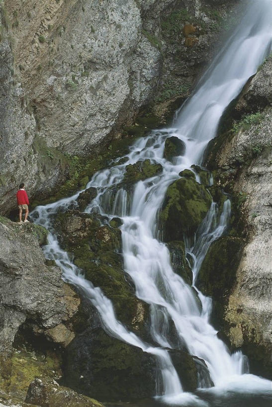 成年人,一个人,站,竖图,室外,白天,旅游,度假,美景,瀑布,植物,欧洲,斯洛文尼亚,仅一个男性,朦胧,模糊,景观,苔藓,图像,娱乐,背面,风景,自然,享受,休闲,概念,景色,放松,摄影,宁静,国家公园,岩层,自然风光,主题,视角,巴尔干,前南斯拉夫,地貌,构图,特里格拉夫国家公园,岩石,彩图,旅行,时空