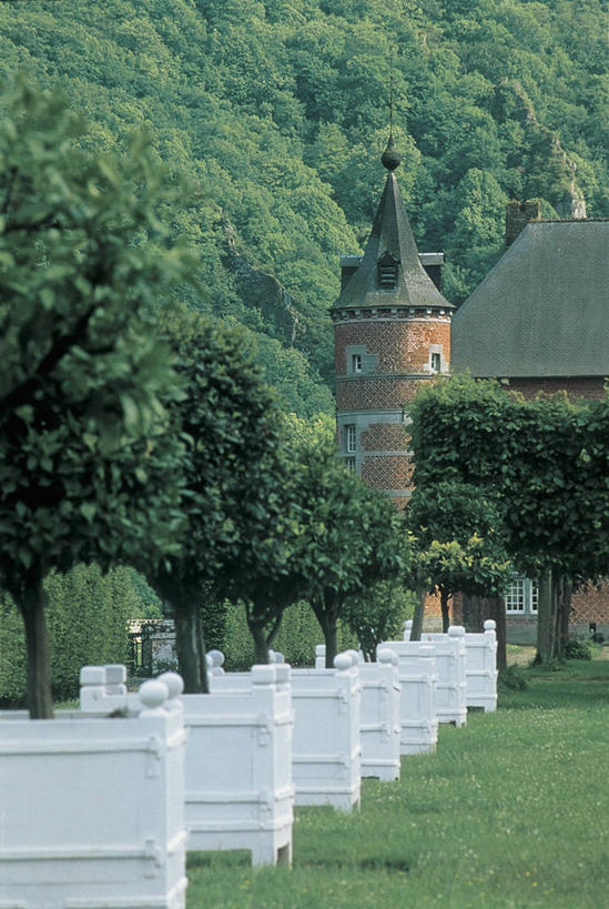 无人,竖图,室外,白天,植物,建筑,比利时,欧洲,城堡,尖顶,地面,图像,历史,桔树,草,树,摄影,园林,人造,主题,常绿树,构图,那慕尔,彩图,旅行,瓦隆,时空