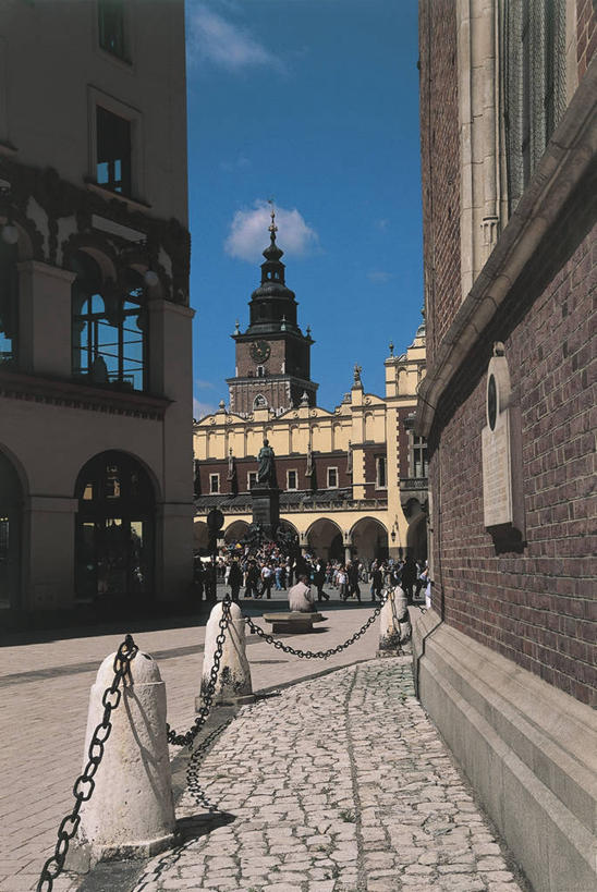 成年人,人群,广场,竖图,室外,白天,度假,城市,建筑,雕塑,欧洲,波兰,行人,游客,游人,标志,雕像,符号,墙,云,拱门,塔,许多人,图像,标识,砖墙,钟塔,路人,旅客,蓝色,天空,地标建筑,一群人,摄影,铁环,锁链,链条,年龄,人造,束缚,限制,主题,自然现象,底座,东欧,约束,性别符号,构图,克拉科夫,过客,小波兰省,纺织会馆,彩图,旅行,时空,男性符号