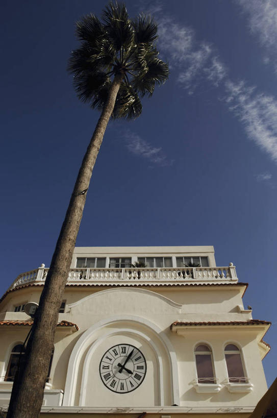 无人,竖图,室外,白天,仰视,窗户,建筑,棕榈树,法国,欧洲,时间,云,拱门,天空,摄影,准确,普罗旺斯,地中海文化,滨海阿尔卑斯,钟,彩图,低角度拍摄,安提布