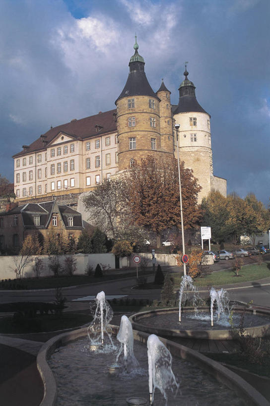 无人,竖图,室外,白天,仰视,水,窗户,建筑,喷泉,法国,欧洲,阴影,城堡,云,尖顶,历史,树,天空,自然,摄影,西欧,地中海文化,法兰西,法兰西共和国,西门塔尔牛,法兰西第五共和国,弗朗什.孔泰,弗朗什.孔泰大区,彩图,低角度拍摄,过去