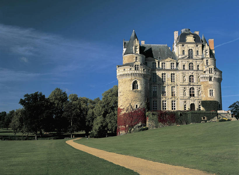 无人,横图,室外,白天,仰视,草坪,美景,法国,欧洲,城堡,景观,云,文艺复兴,历史,草,树,绿色,天空,自然,地标建筑,景色,摄影,地中海文化,自然风光,华贵,豪宅,法国文化,卢瓦尔河谷,布里萨克城堡,彩图,低角度拍摄,过去