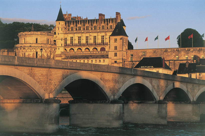 无人,横图,室外,白天,河流,城市,建筑,旗帜,法国,欧洲,城堡,拱门,联系,历史,拱桥,树,地标建筑,摄影,地中海文化,法国文化,万里无云,卢瓦尔河谷,卢瓦尔河,彩图,过去