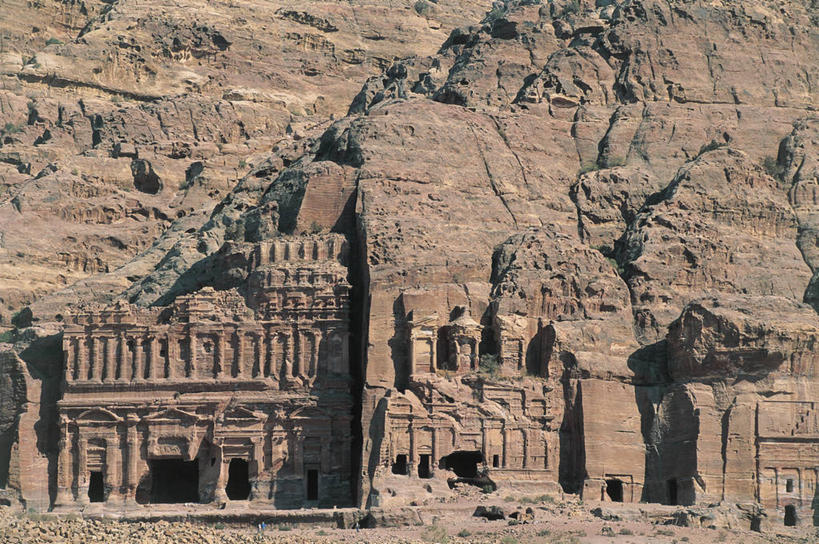 无人,横图,室外,白天,约旦,亚洲,悬崖,历史,废墟,摄影,坟墓,中东,岩层,地中海文化,佩特拉,古代文明,岩石,彩图,过去