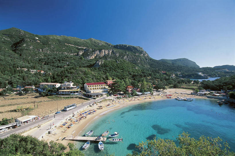 无人,横图,俯视,室外,白天,旅游,度假,海洋,美景,希腊,欧洲,岛,景观,乡村,娱乐,树,蓝色,风景,自然,享受,休闲,景色,放松,摄影,宁静,地中海文化,自然风光,万里无云,科孚,海滩,彩图,高角度拍摄,艾奥尼亚群岛,爱奥尼亚海