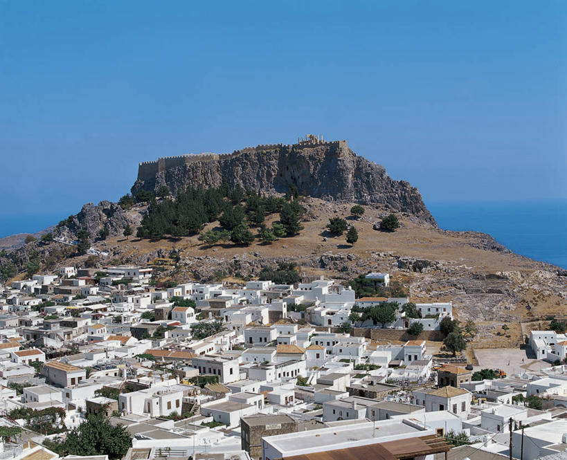 无人,横图,俯视,室外,白天,海洋,城市,建筑,希腊,欧洲,岛,城镇,首都,蓝色,摄影,岩层,林多斯,地中海文化,雅典卫城,万里无云,地质学,岩石,彩图,高角度拍摄