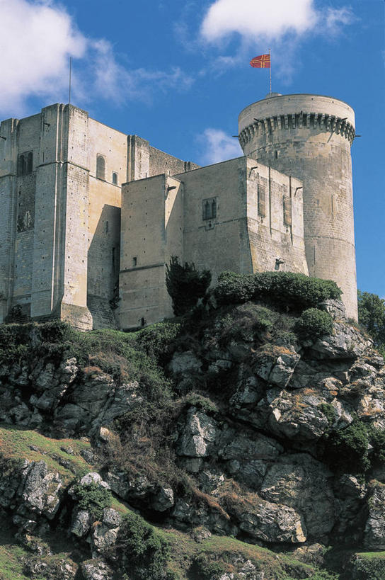 无人,竖图,室外,白天,仰视,建筑,旗帜,法国,欧洲,阴影,城堡,云,历史,天空,摄影,地中海文化,诺曼底,彩图,低角度拍摄,过去