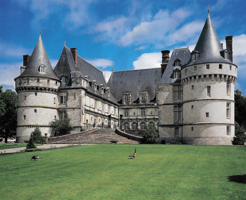 无人,横图,室外,白天,草坪,楼梯,城市,建筑,法国,欧洲,鸟类,城堡,田地,云,塔,尖顶,文艺复兴,历史,草,绿色,天空,动物,两只,摄影,地中海文化,上诺曼底,彩图,过去